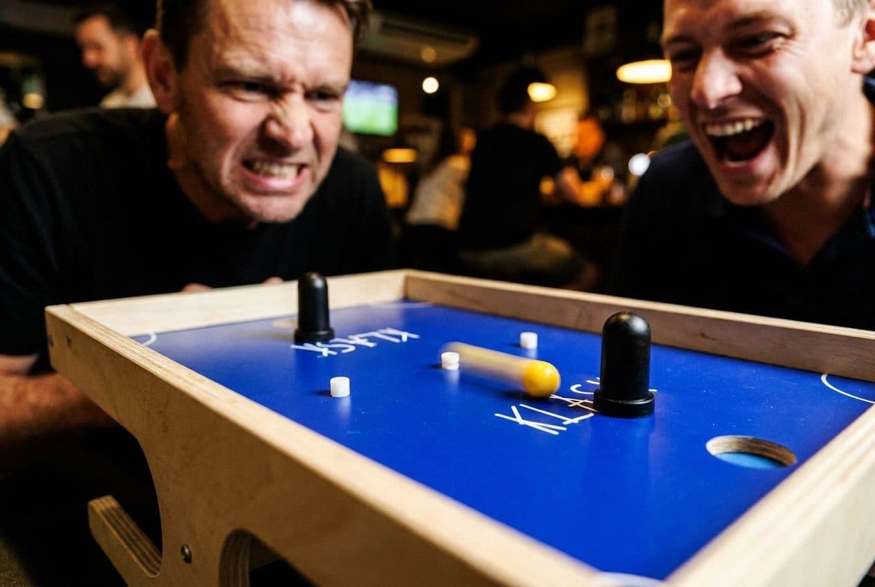 Two players mid-rally over a KLASK board