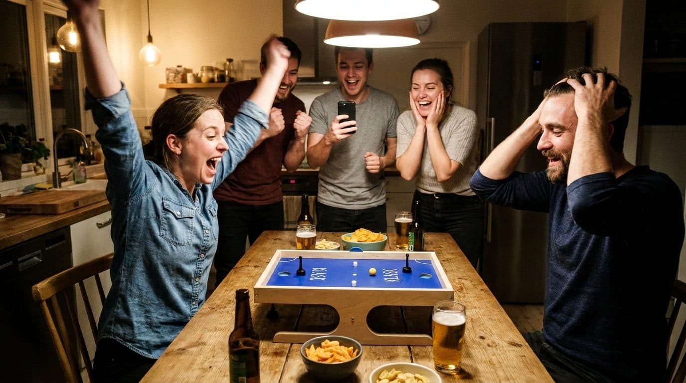 Friends cheering around a KLASK board on the kitchen table