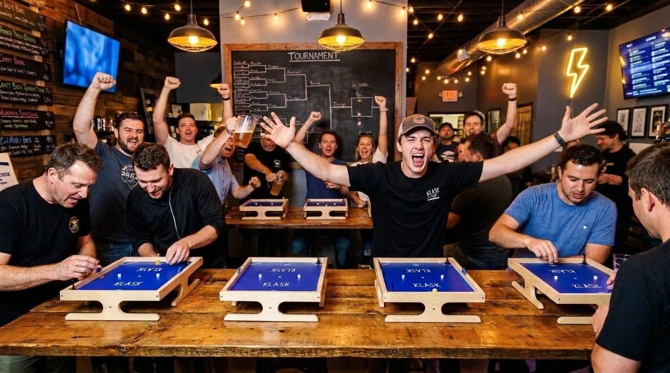 Bar tournaments — Four boards, sixteen players, one champion in under an hour.